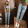 Verano Nuevo Estilo Coreano Mujer Talla Grande Sueltos Bf Jeans Rasgados Pantalones Harem de Mujer de Nueve Puntos Envío Directo