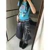 Calça Jeans Cropped Azul Escuro para Mulheres, Novo Estilo Verão 2026, Design Americano com Estampa Colorida de Corrente, Calça Reta Wide Leg