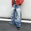 Comercio exterior lavado desgastado rotos pierna curva mujer americano suelto rectos versátiles pantalones caída pantalones pierna ancha jeans hombre