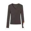Design Sense Pequeno Ombro Decote V Manga Longa Camiseta Feminina Início do Outono 2025 Nova Slim Camisa Base Interna Top
