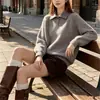 Suéter de punto gris estilo coreano, holgado, cuello polo, manga larga para mujer, top base para otoño e invierno