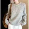 Tricô Pulôver de Design Resistente com Strass Embutido para Mulheres Outono/Inverno 2026 Suéter Elegante e Chique Gola Redonda Manga Longa