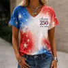 Fabricante Direto Roupas Femininas Transfronteiriças EUA 250ª Camiseta com Estampa Digital Decote V Dia da Independência Estrelas e Águias