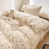 Conjunto de Quatro Peças de Algodão Puro Classe A Roupa de Cama para Dormir Nu Toda Lavada em Água Lençol de Elástico Estilo Ins Fresco Pequeno Lençol de Cama Capa de Edredom Três Peças para Dormitório