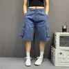 Pantalones de Trabajo Azules Lavados Estilo Francés Retro Sueltos con Bolsillo para Mujer Retro Sueltos Versátiles Pierna Ancha Casual de Longitud Media Marca de Tendencia
