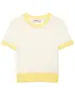Verão 2026 Nova Roupa Feminina Estilo Europeu e Americano Gola Color Block Fina Manga Curta Tricô Top Curto Gola Redonda