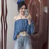 Blusa sexy azul de ombro a ombro com mangas bufantes em chiffon para mulheres, novo top curto de manga longa de outono para garotas petites e quentes