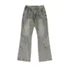 Calça Jeans Flare Masculina Retrô Americana Lavada com Efeito Desgastado Jeans Unissex Solta Flare Denim Casual Calça Longa Tendência