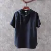 Camisa de Linho Retro Moderna de Manga Curta com Capuz para o Verão Camisa Casual Masculina Estilo Moletom de Manga Curta