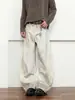 Jeans Blancos Sucios Lavados Retro de Nicho de la Calle Principal Americana Pantalones de Pierna Ancha con Diseño de Costura Deconstruida para Hombre