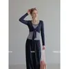 Top de manga larga para mujer Lil's, elegante, color azul marino con contraste, cuello redondo, diseño de dos piezas simulado y tirantes de corbata, camiseta de otoño