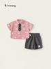 Bangxuan Verano Nuevo Camisa de Solapa de Manga Corta para Niños Shorts Estampados de Dibujos Animados Conjunto de Dos Piezas Traje de Estilo Universitario para Niños