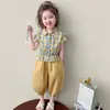 Conjunto de Camisa a Cuadros para Niña con Mangas Volantes, Nuevo Atuendo de Moda Estilo Coreano Verano 2026 para Bebés