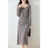 Vestido Tricot Gola V 100% Lã para Mulheres no Outono e Inverno, Vestido Suéter com Efeito Emagrecedor na Cintura, Vestido Longo de Cashmere para Usar por Baixo