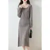 Vestido Tricot Gola V 100% Lã para Mulheres no Outono e Inverno, Vestido Suéter com Efeito Emagrecedor na Cintura, Vestido Longo de Cashmere para Usar por Baixo