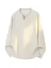 Camiseta de lino sintético estilo americano con cuello en V y manga larga para primavera y otoño, estilo old money, casual y elegante, camiseta básica holgada para hombre
