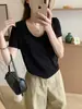 Foto Real de la Nueva Camiseta de Manga Corta de Color Sólido Estilo Mascarilla de Lyocell con Sensación de Hielo de Verano Cómoda, Top Texturizado Ajustado Casual Estilo Coreano