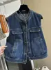 Chaleco Vaquero Redondo Retro Estilo Hong Kong para Mujer, Nuevo Modelo Otoño 2025, Talla Petite, Chaleco Chaqueta Sin Mangas Súper Popular para Superponer