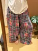 Pantalones de pierna ancha a cuadros retro de gasa de doble capa para mujer, pantalones de casa a cuadros con bloques de color, pantalones de pijama holgados casuales