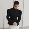Blazer Transpirable Negro de Manga Abullonada con Cintura Ajustada para Mujer, Estilo Europeo y Americano, Chaqueta de Invierno 2026 de Gama Alta con Cuello Alto, Moda para Mujer