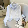 Fotos reales: Nueva colección otoño/primavera, top de manga larga estilo commuter con diseño de dos piezas simulado y cuello contrastante, estilo coreano