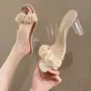 2025 Nuevas Sandalias Transparentes de Tacón Grueso Cuadradas con Pliegues Estilo Hada Coreano Chanclas de Verano de Tacón Alto para Mujer