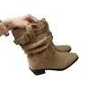 Botas vaqueras western de tacón grueso de ante estilo retro para mujer, colección otoño-invierno 2025, con diseño plisado
