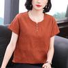 Camiseta de Algodão e Linho de Verão para Mães de Meia-idade e Idosas Feminina 2025 Nova Casual Estilo Chinês Retrô Estilo Ocidental Blusa Feminina