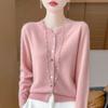 Cardigan de Tricô Simples 100% Lã Pura Outono e Inverno Feminino 2024 Novo Gola Redonda Versátil Manga Longa Camiseta Base Jaqueta Fina