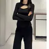 Camiseta de Manga Larga con Diseño de Canalé Térmico, Huecos Retorcidos y Hombro Normal para Mujer, Camiseta Interior para Otoño e Invierno