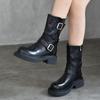 Botas de couro genuíno Knight com fivela de cinto retrô all-match botas de cano médio com forro de lã e camada superior de algodão botas femininas de couro de vaca