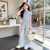 Conjunto de Verão para Meninas 2026 Novo Estilo - Camiseta Polo de Manga Curta e Calça Xadrez Conjunto de Duas Peças, Roupa de Verão Respirável e Leve para Crianças