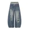 Jeans de rua estilo retro americano com patches bordados para homens e mulheres, calça casual versátil de perna curva solta para o outono