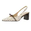 2882-1 Sandálias de Moda Estilo Francês Florais Bico Fino com Laço para Mulheres, Sapatos de Salto Grosso de Tira Única Salto Alto