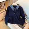 Cárdigan de punto estilo japonés a cuadros con cuello de polo, falso dos piezas, nuevo suéter chaqueta holgado con cordones para primavera y otoño para mujer, extremadamente elegante