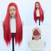 Producción mayorista de fábrica de peluca recta larga de fibra de alta temperatura estilo retro de cabello largo recto rojo 13*4