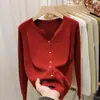 Suéter Abrigo Cardigan de Punto de Manga Larga para Mujer Nuevo Otoño Cuello Color Sólido Temperamento Simple Top de Punto Blanco