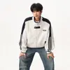 Moletom com Capuz Listrado de Peso Pesado Estilo Universitário com Gola Alta para Homens e Mulheres Outono Tendência Marca Cor Blocada Jaqueta Casual Outerwear Cardigan Solto Desconstruído
