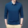 Camiseta masculina de manga comprida para primavera e outono, camisa polo casual juvenil de cor sólida em seda gelada, camiseta básica, moda masculina, peça única com dropshipping