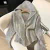 Suéter de tricô de alta qualidade, chique sem esforço, com zíper parcial, capuz e mangas compridas para mulheres, perfeito para outono e inverno, com cordão e um caimento relaxado, macio e confortável