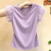 Camiseta de malla con mangas acampanadas y empalme fresco estilo francés para mujer, nueva de verano 2026, ajuste ceñido, versátil, que reduce la edad