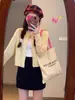 Cárdigan de Moda de Punto Sal y Pimienta de un Solo Botón para Mujer, Top de Manga Larga con Cuello Redondo Estilo Coreano para Primavera y Otoño, Suéter de Punto Suave de Nicho