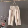 Calça cropped feminina de algodão e linho verão solta plus size cintura elástica de linho calça harém afunilada calça casual versátil 8207
