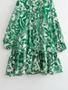 Ahora 2024 Estilo Europeo y Americano Nuevo Vestido Holgado de Manga Larga Verde Estampado para Mujer 1960