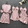 Desfrute de Camisolas Sexy Europeias e Americanas Transfronteiriças com Alças e Bojos, Roupa de Casa Feminina, Camisola, Roupão, Conjunto de Quatro Peças