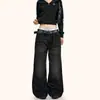 Pantalones vaqueros negros Yongfang estilo retro americano, diseño de alta costura, lavados, holgados, desgastados, blancos, rectos, de pierna ancha