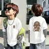 Camiseta de Algodão Puro Manga Longa para Meninos Uso Primavera e Outono Estilosa Média e Grande Infantil Marca da Moda Solta Listrada Patchwork Camada de Base Top