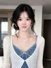 Conjunto Estampado Azul e Branco Verão Deslumbrante Estilo Coreano para Mulheres Cobertura de Tricô Proteção Solar Camisola Floral Top de Corte Justo Tendência