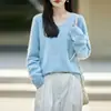 Suéter casual de punto 100% lana pura con cuello en V cepillado para mujer, nuevo para otoño 2026, azul, holgado, de manga larga