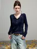 Camiseta de manga larga con cuello semiabierto y botones a presión para mujer, estilo suave de principios de otoño, para primavera, top base elegante con textura acanalada